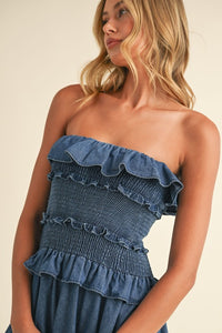 Ruffled Strapless Denim Dress