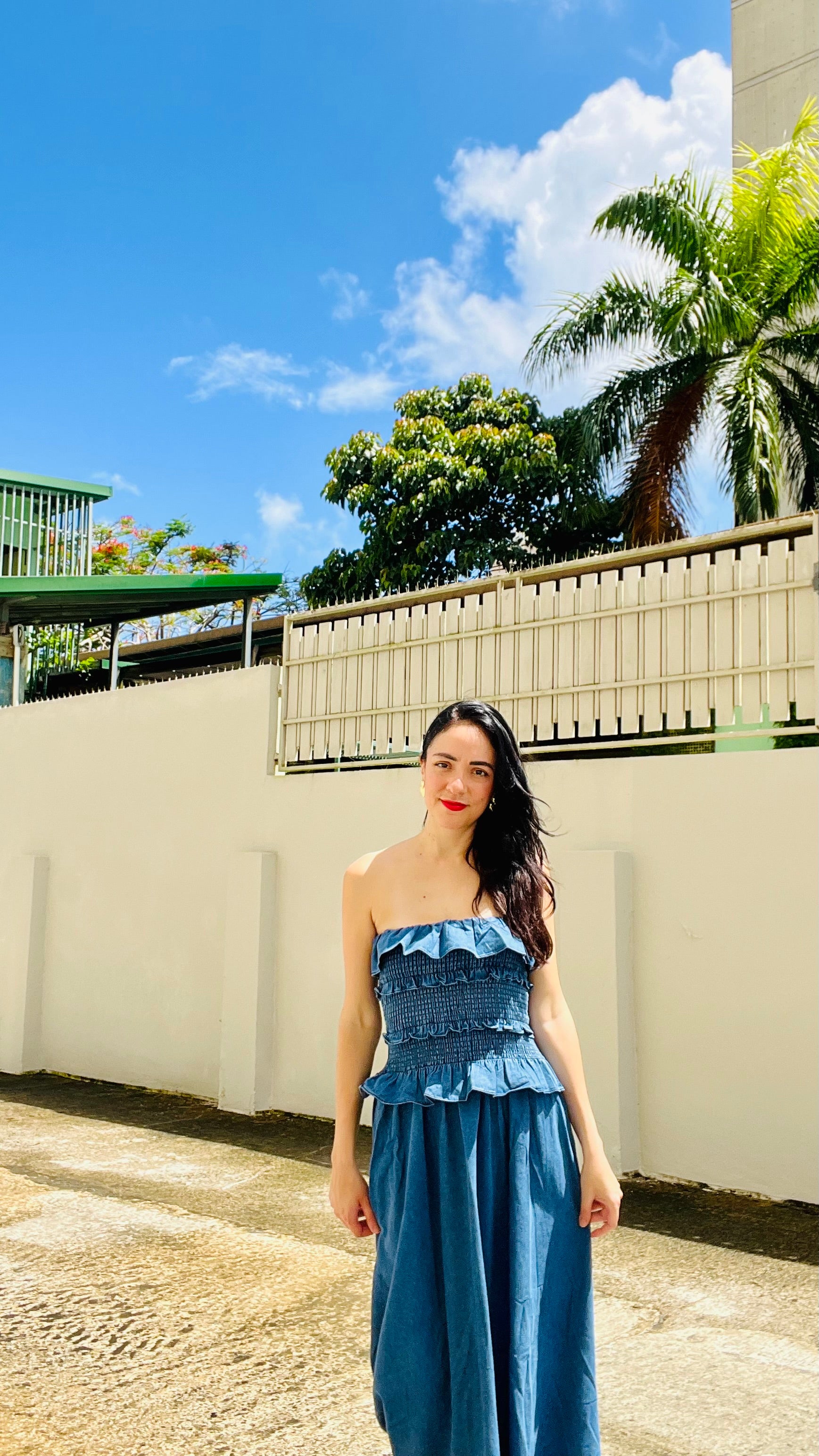 Ruffled Strapless Denim Dress