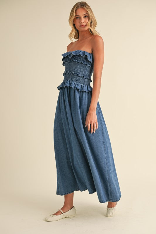 Ruffled Strapless Denim Dress