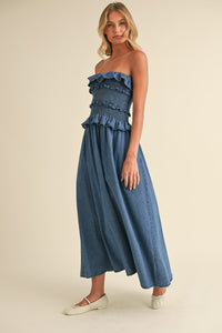 Ruffled Strapless Denim Dress