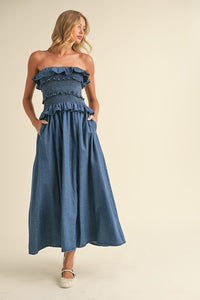 Ruffled Strapless Denim Dress