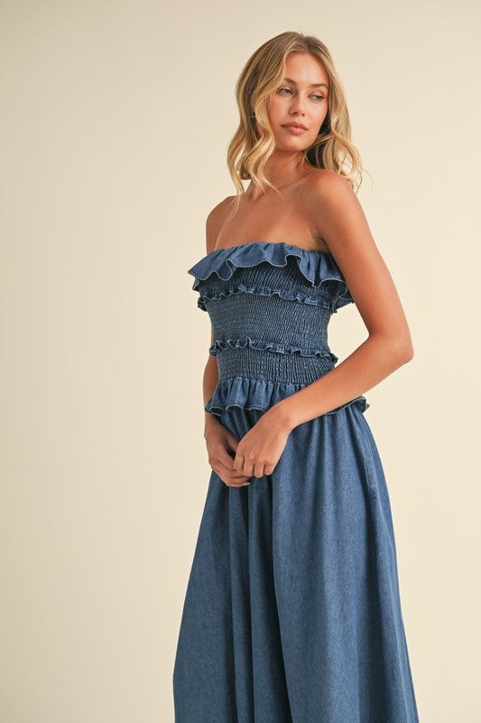 Ruffled Strapless Denim Dress