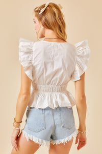 White Flounce sleeve tie detail peplum top